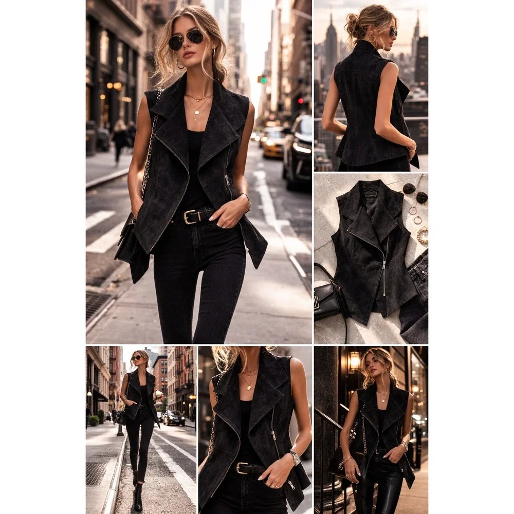 Pamela‎ McCoy Couture Black Suede Leather Asymmetrical Zip Vest Womens XS - Picture 5 of 13